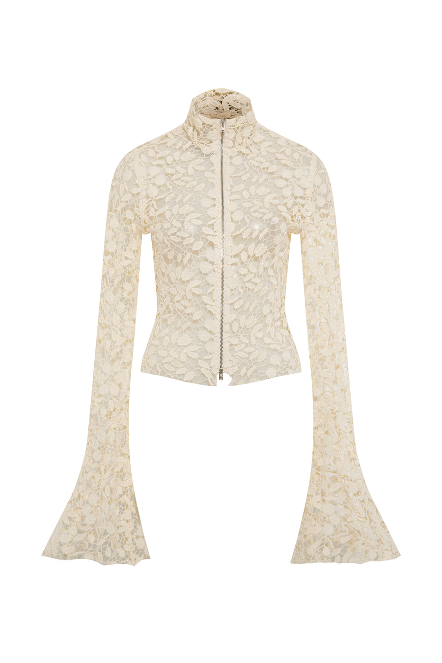 JUN - Zip-up flared sleeve lace top