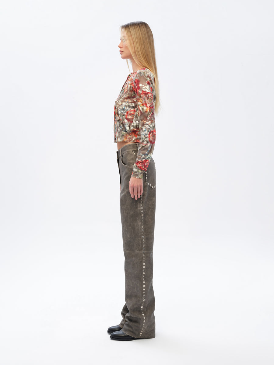 RENAS - High-rise embellished flare-leg leather pants