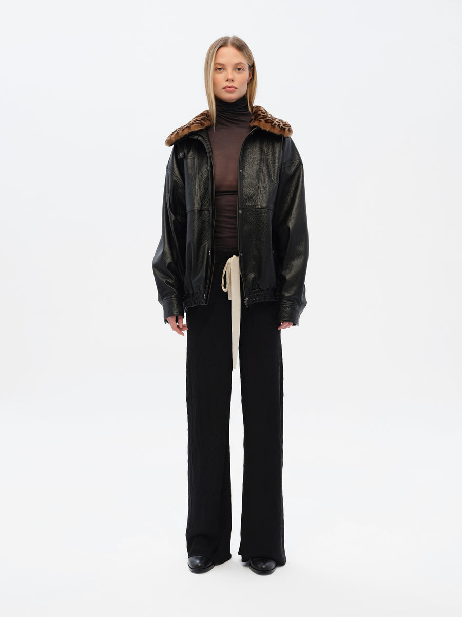 BERNIE - Oversize leather bomber jacket with detachable animal-print shearling collar