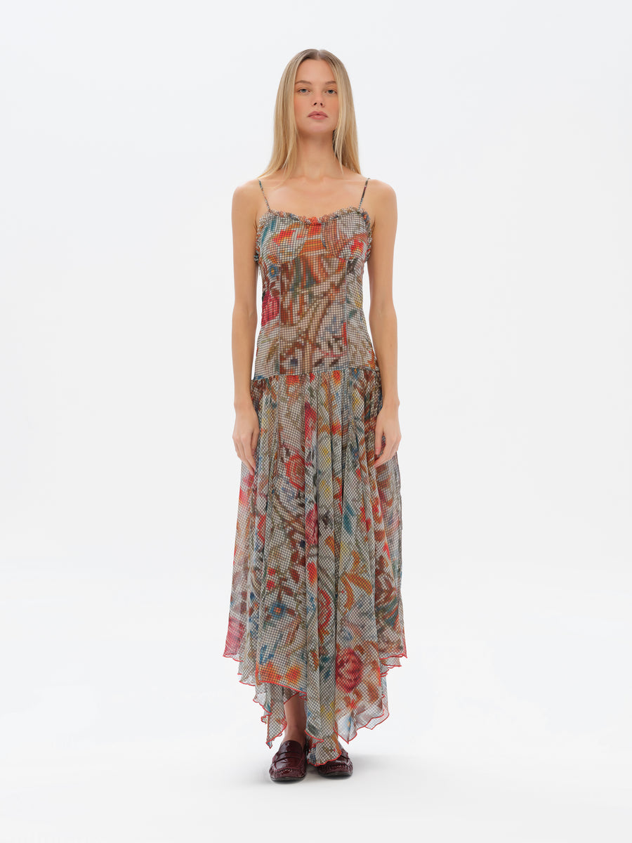 LUCIEN - Floral-print ruffle detailed midi dress with asymmetric hemline