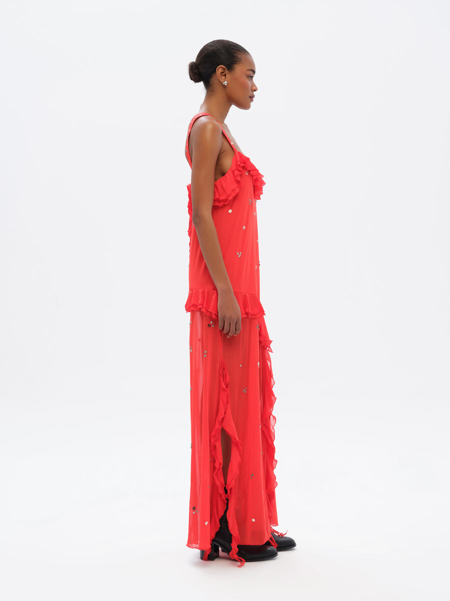 CHILAS - Embellished and ruffled midi dress with front slit