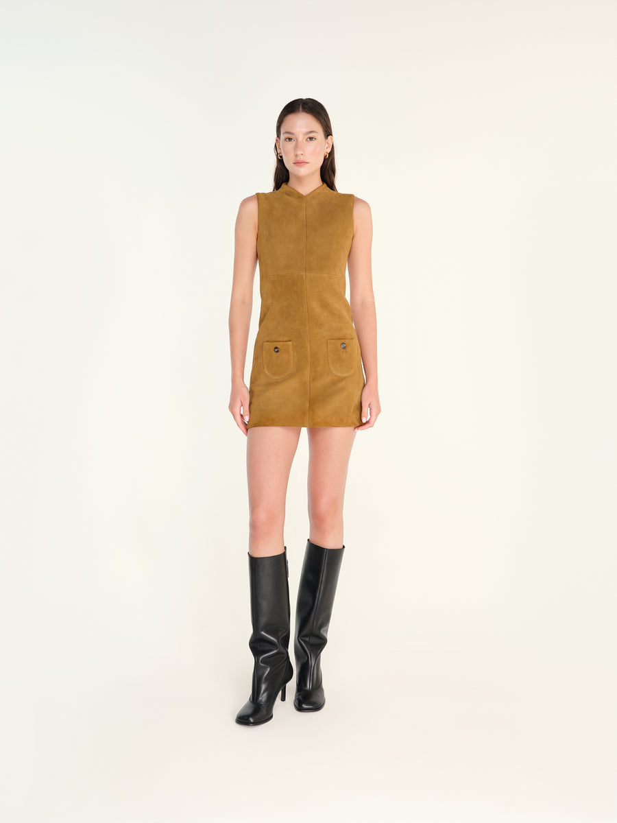 PORY - High v-neck suede leather mini dress with front pockets