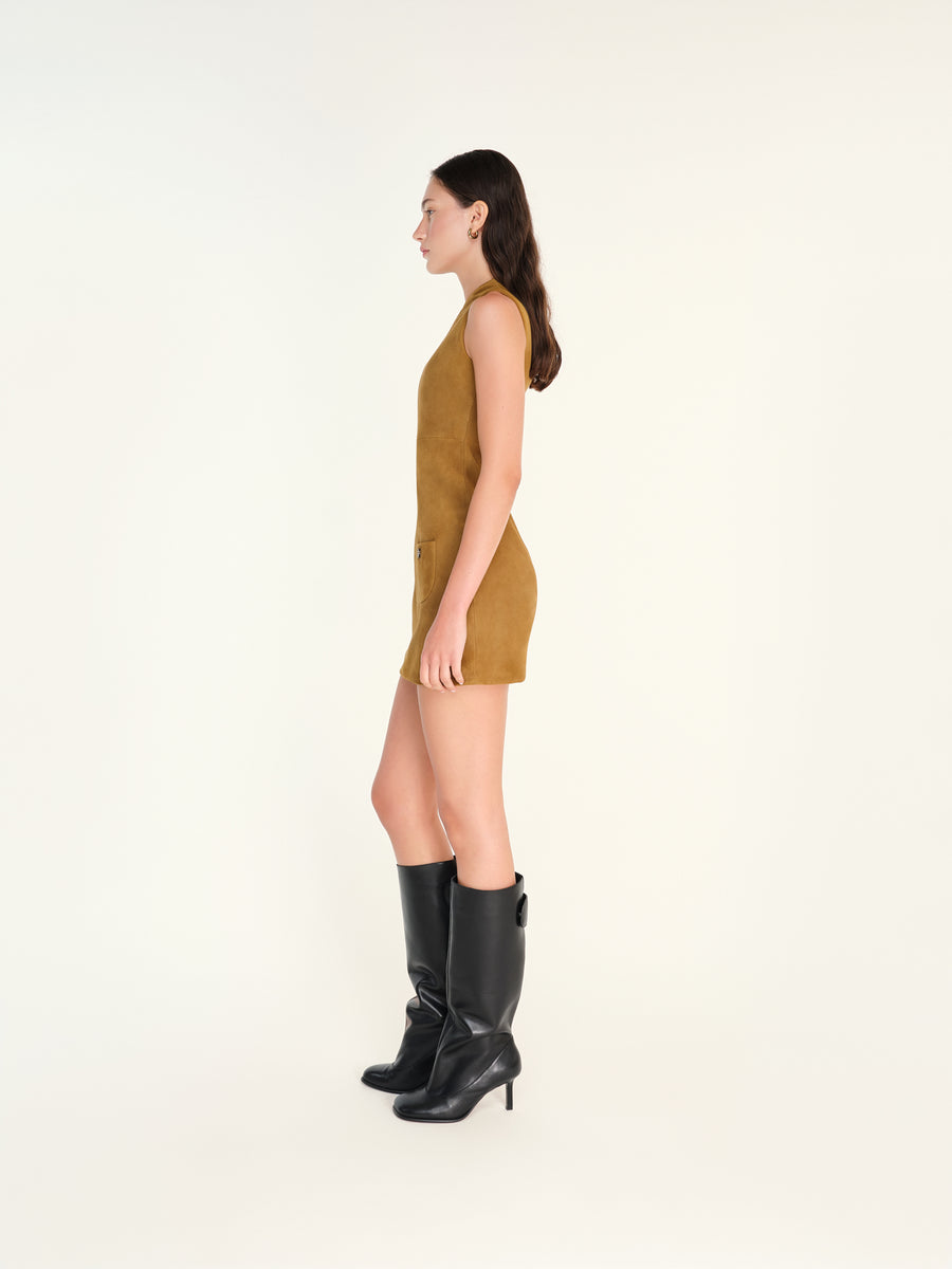 PORY - High v-neck suede leather mini dress with front pockets