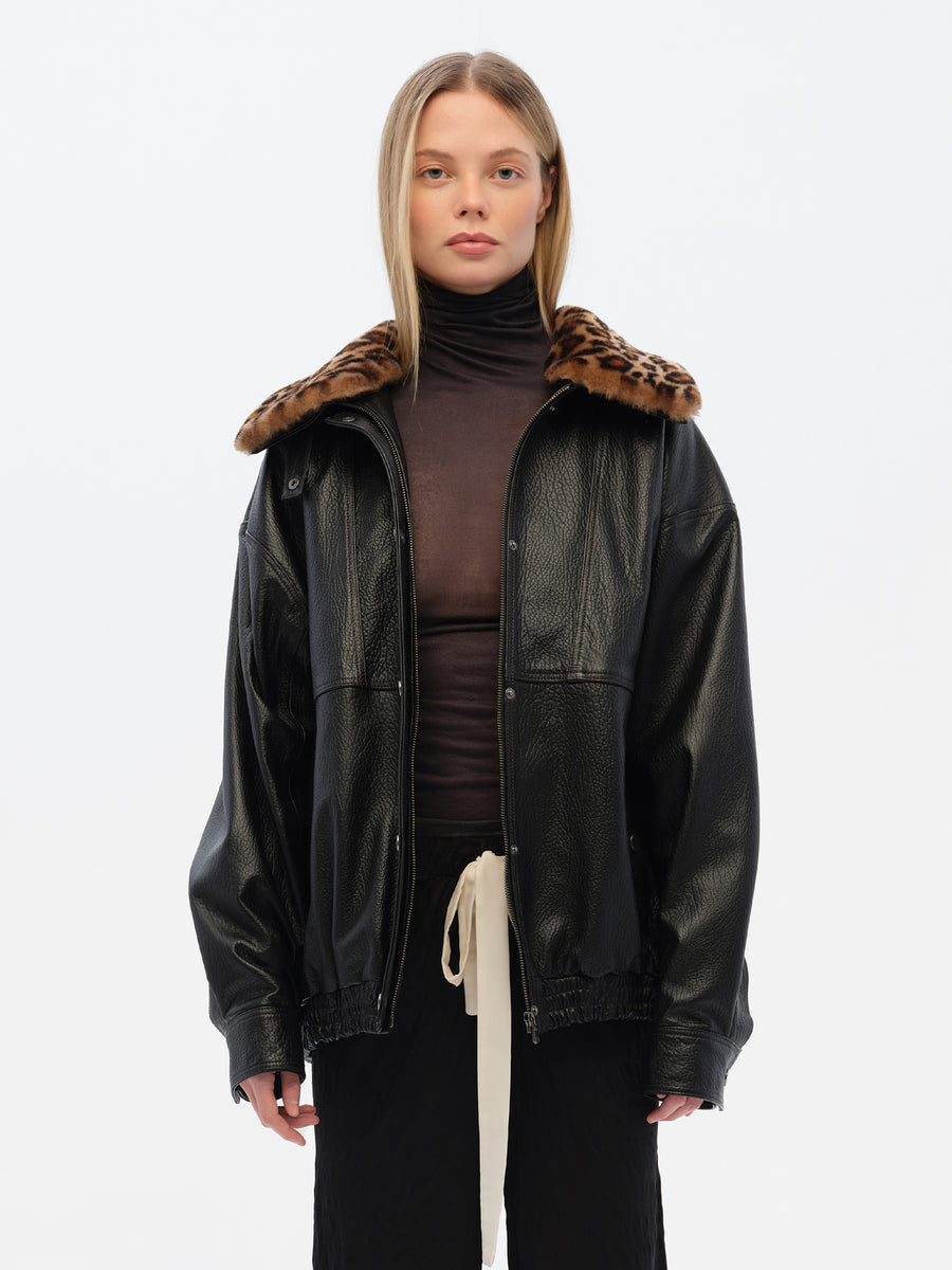 BERNIE - Oversize leather bomber jacket with detachable animal-print shearling collar