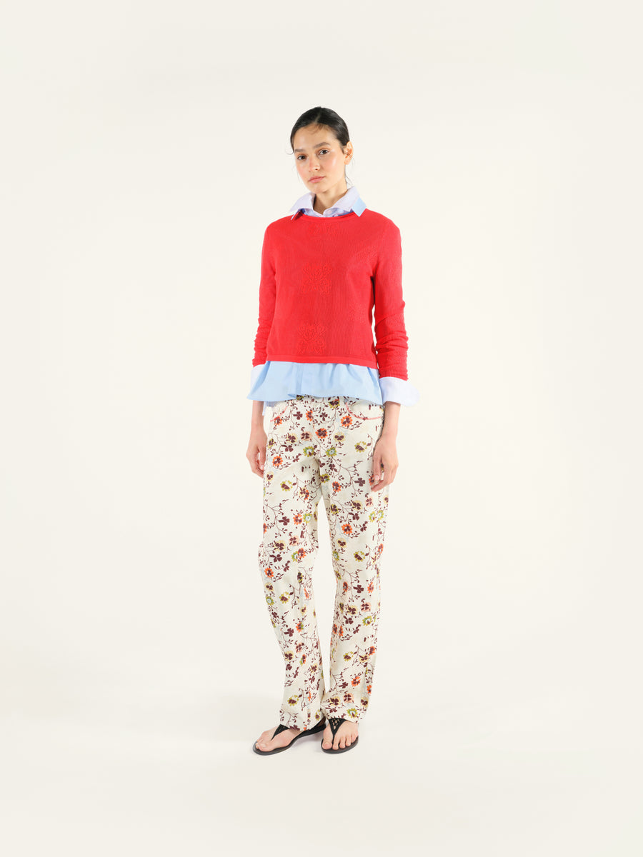 FLAU - Floral printed low-rise jeans with contrast stitching