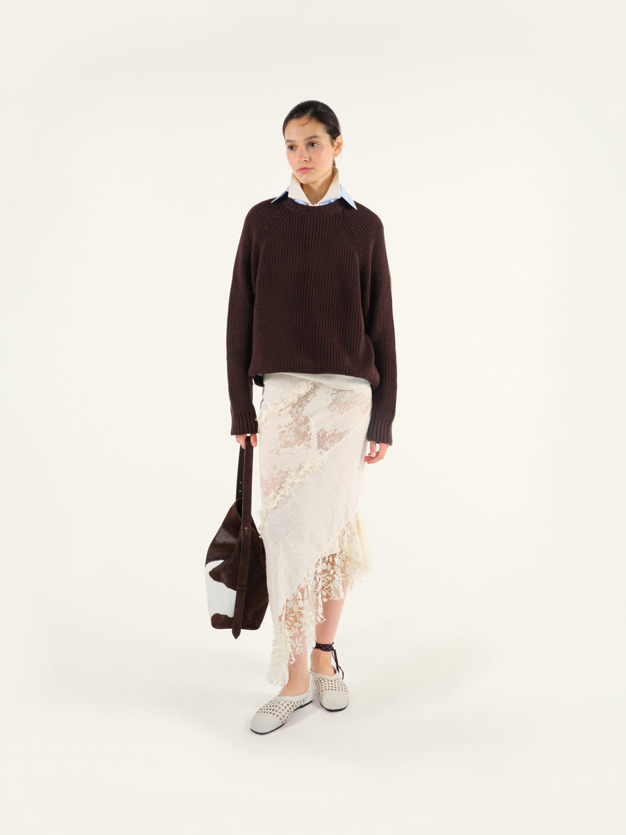AYER - Panelled lace and ruffled asymmetric midi skirt