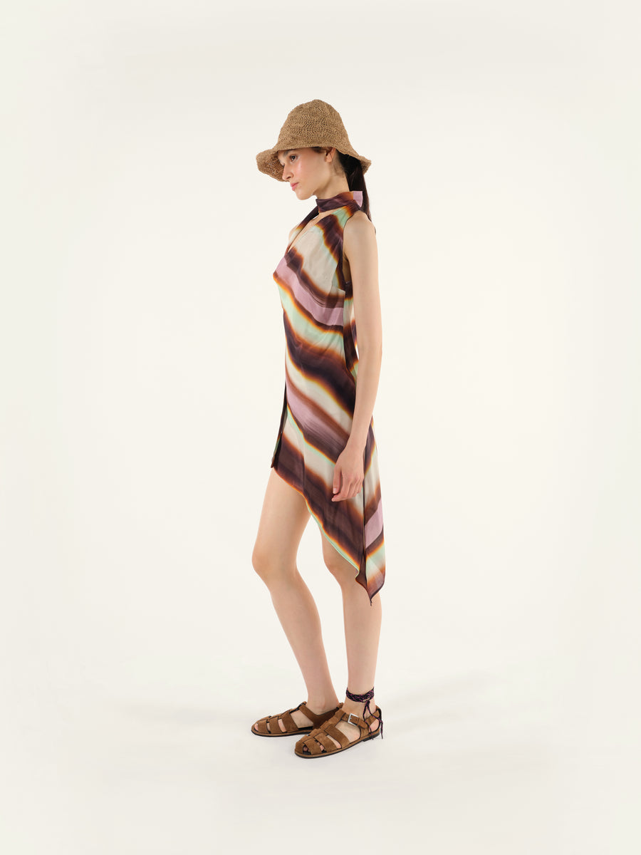DILY - One shoulder asymmetric printed dress with necktie
