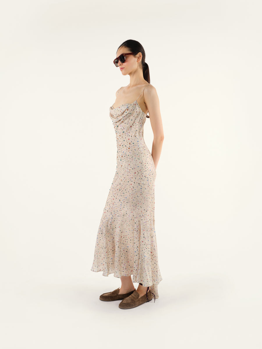 JILE - Cowl neck silk dress with bead embroidery